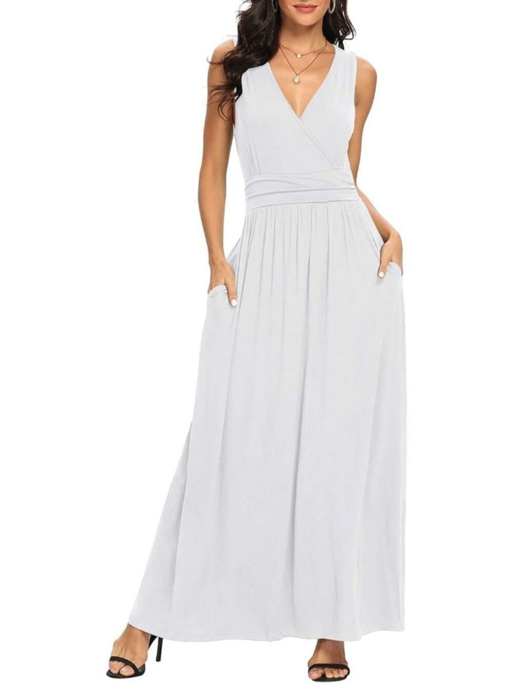 Lilbetter Women's White Sleeveless Deep Neck Loose Plain Long Maxi Casual Dress - Picture 3 of 6